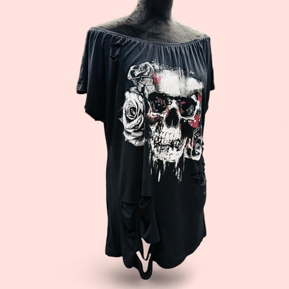Off-Shoulder Skull Rose Cut Short Sleeve Punk Goth Emo Tunic Shirt Top SHEIN S